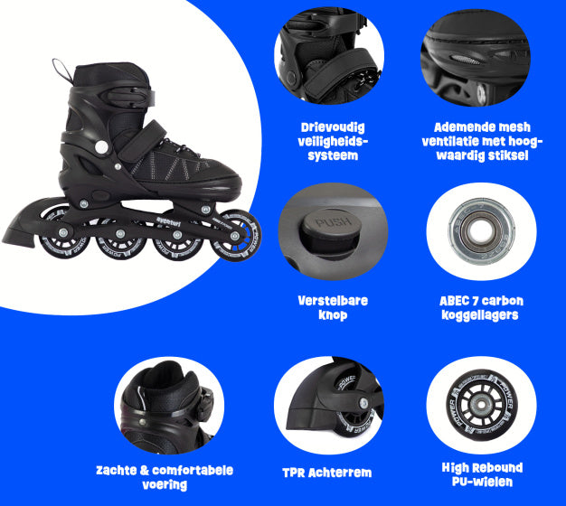 Aventuri verstelbare inline skates semi-softboot zwart maat 34-37 (m)