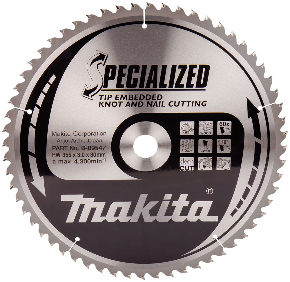 Makita accessoires cirkelzaagblad hout (noest spijker) | embedded tip 355x30x3,0 60t 18g - b-09547 - b-09547