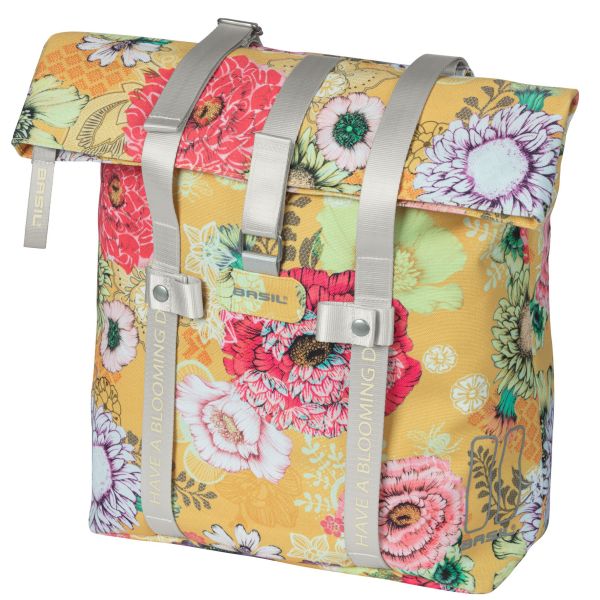 Basil Bloom Field fietsshopper, geel, gerecycled PET, waterdichte, verstelbare schouderriem
