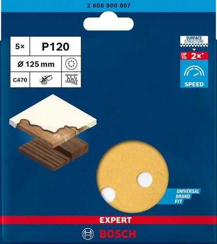 Bosch accessoires expert c470 schuurpapier voor excenterschuurmachines 125 mm, 8 gaten, k120 5-delig - 2608900807