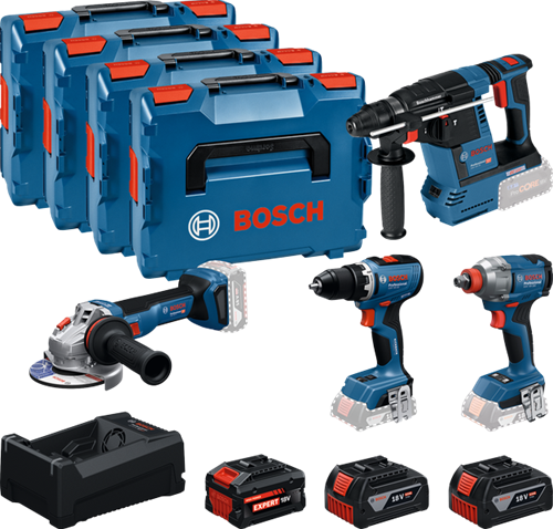 Bosch blauw accutoolkit 4-toolkit 18v | gsr 18v-65 + gdx 18v-285 + gbh 18v-26 + gws 18v-11 | + 2x gba 18v 5,0ah + 1x exba 18v 5,5ah + lader - 0615a500bj