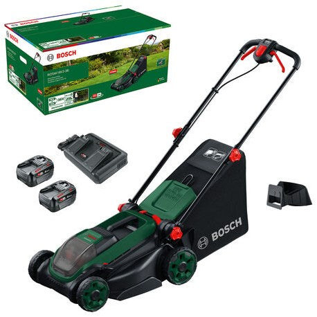 Bosch groen accumaaier rotak 18v2-38 | incl. 2 x 18 v li-ion accu (4,0 ah) + al 2x18v-88 lader + mulchplug - 06008b9m00