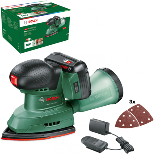 Bosch groen accumultischuurmachine easysander 18v-8 | incl. 1-uurslader (al 18v-20) + 1x 2,0 ah accu + 3 schuurbladen (red wood) - 06033e3002