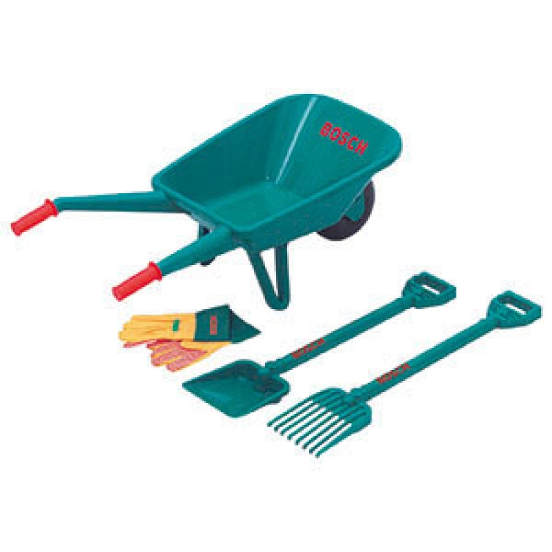 Klein bosch tuinset (kruiwagen hark schop)