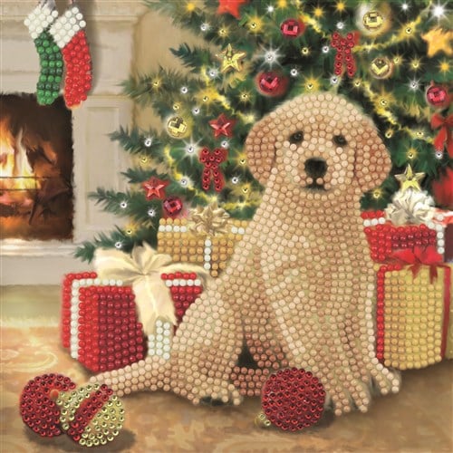 Diamond schilderij kerstkaart puppy apos;s eerste kerst