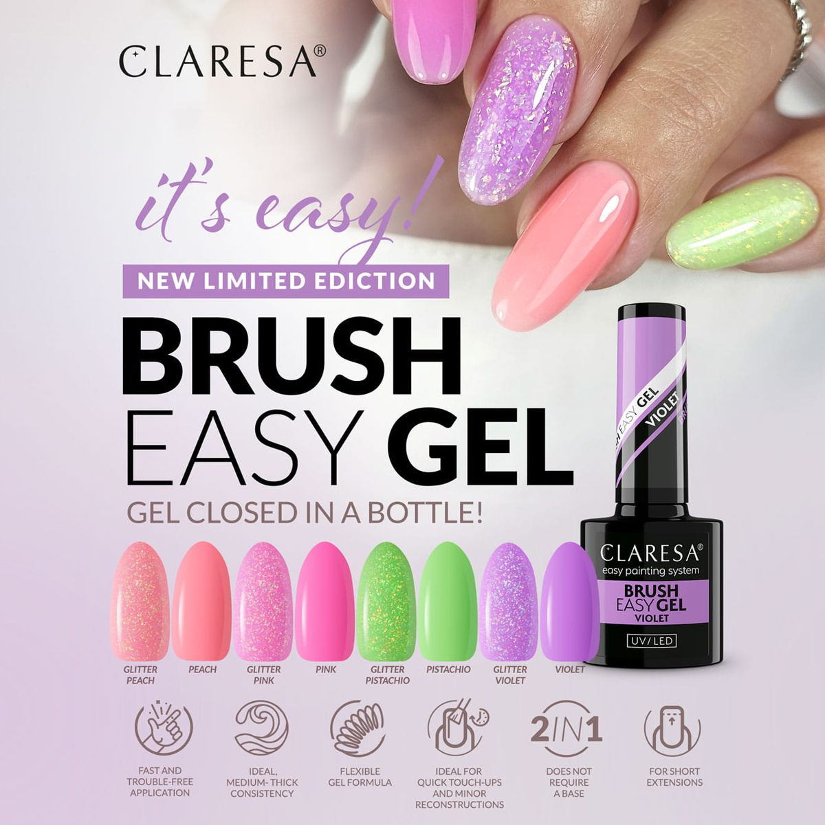 Claresa kwast easy gel glitter perzik 5ml