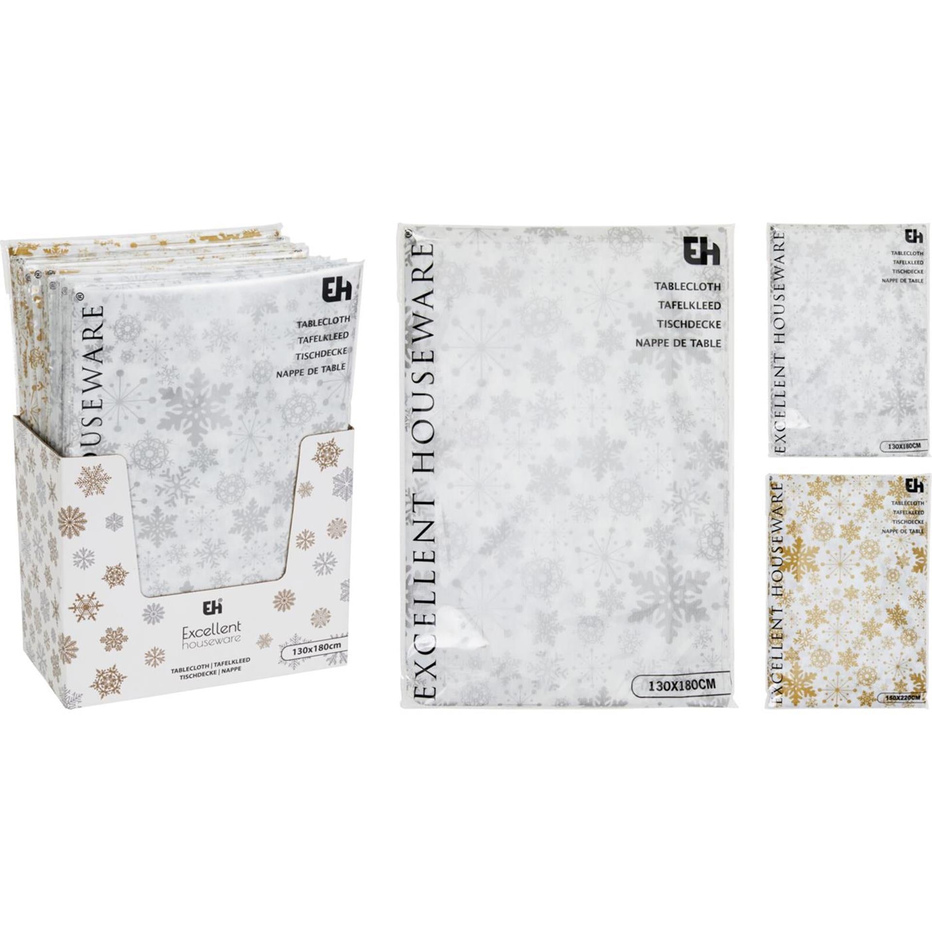 Excellent houseware tafelkleed flanel sneeuwvlokken wit goud130x180cm