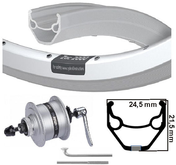 Kgs voorwiel 28 inch (622) zac2000 zilver naafd 6v3w + schijf uitval