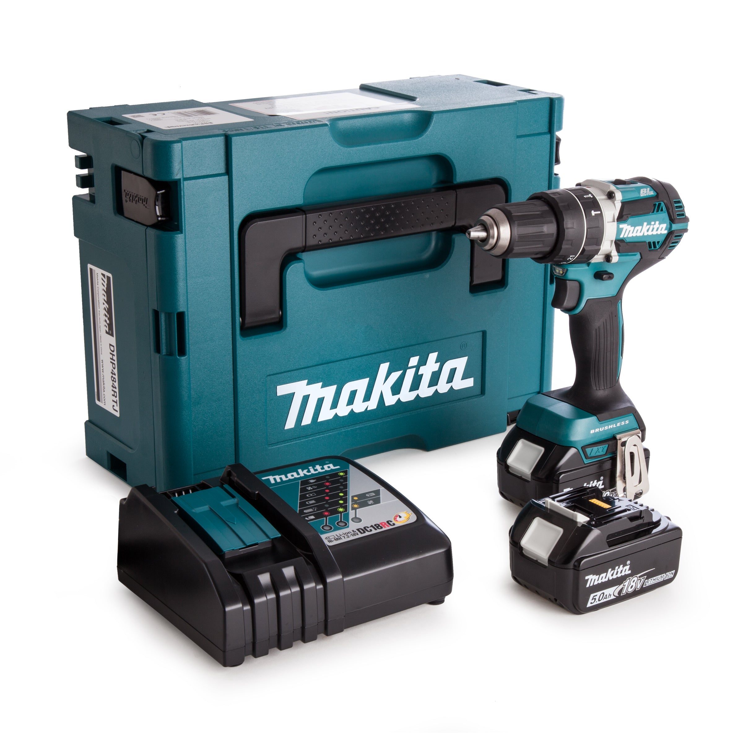 Makita dhp484rtj accuklopboormachine 18v 5,0ah li-ion (2st), snellader, mbox