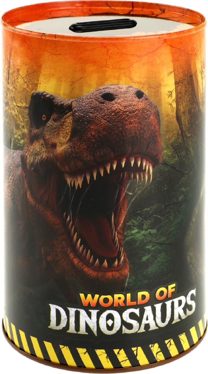 Van der doelen wereld van dinosaurussen spaarpot van blik