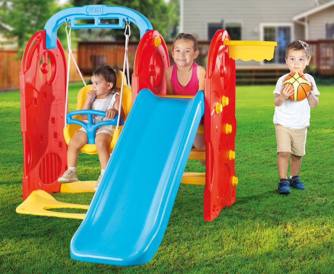 4-in-1 Speeltoestel met Glijbaan en Schommel Blauw Rood