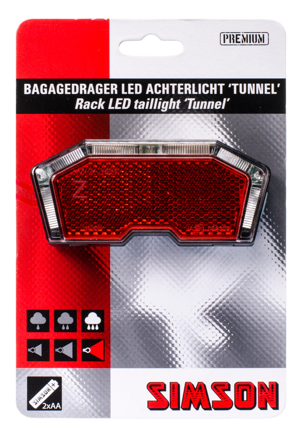 Simson Battery Porte-bagages feu arrière ''Tunnel'' 3 LED, auto on off