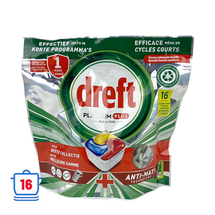 Dreft vaatwastabletten platinum plus all in one anti-matt lemon 16 stuks