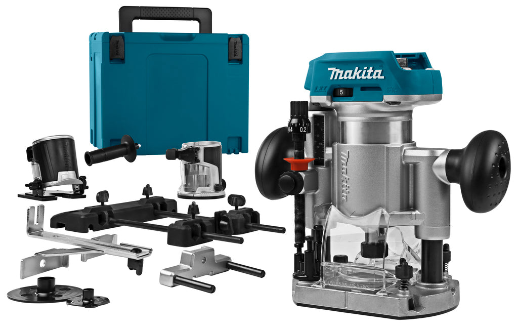 Makita drt50zjx9 accu freesmachine 18v li-ion | zonder accu's en lader in m-box met geleiderail adapter - drt50zjx9