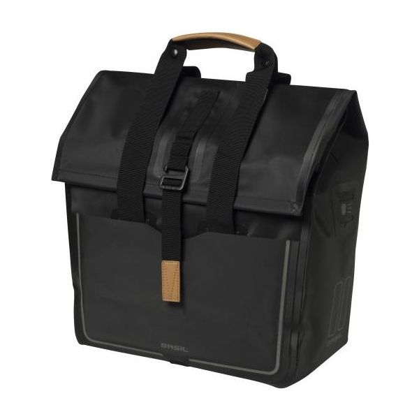 Basil Urban Dry Shopper - waterdichte fietsshopper, vegan leather details, verstelbare sluiting, reflectie, mat zwart