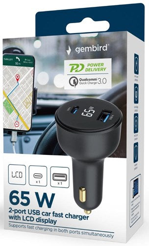 Enzo usb + usb-c autolader | 65w | zwart | status lcd - 9540116