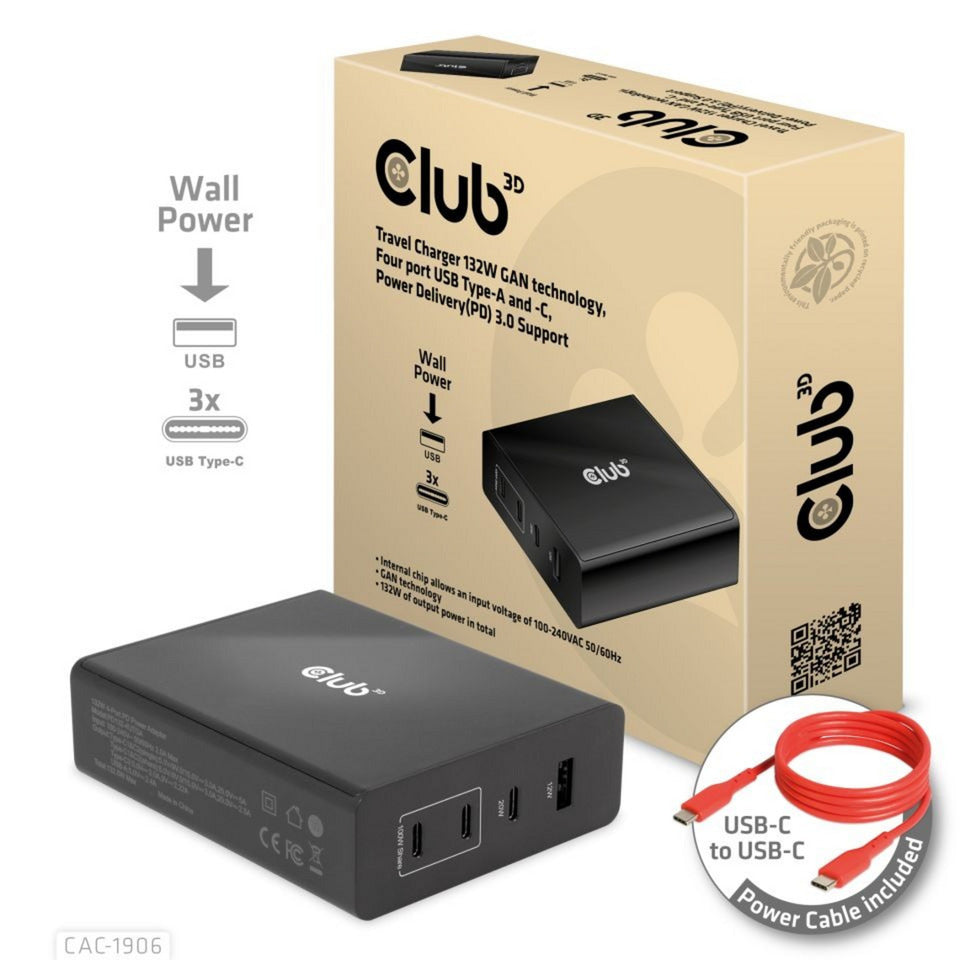 Club 3D Club 3D Reislader 132W GAN-technologie, Vier USB-poorten