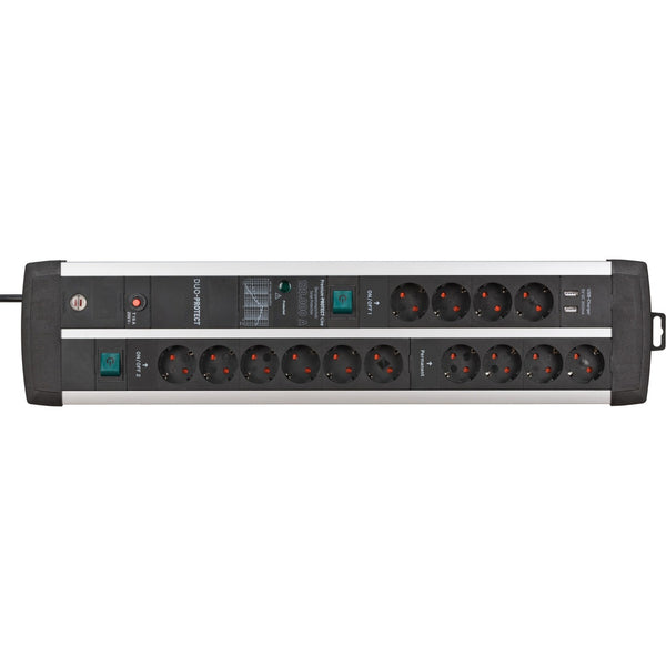 Brennenstuhl Premium-Protect-Line 14-way Extension Lead with Surge Protection and USB Ports (USB A Ports 5V 3.10A, 15.5W, 2 Switches, 3m Cable, Made in Germany)