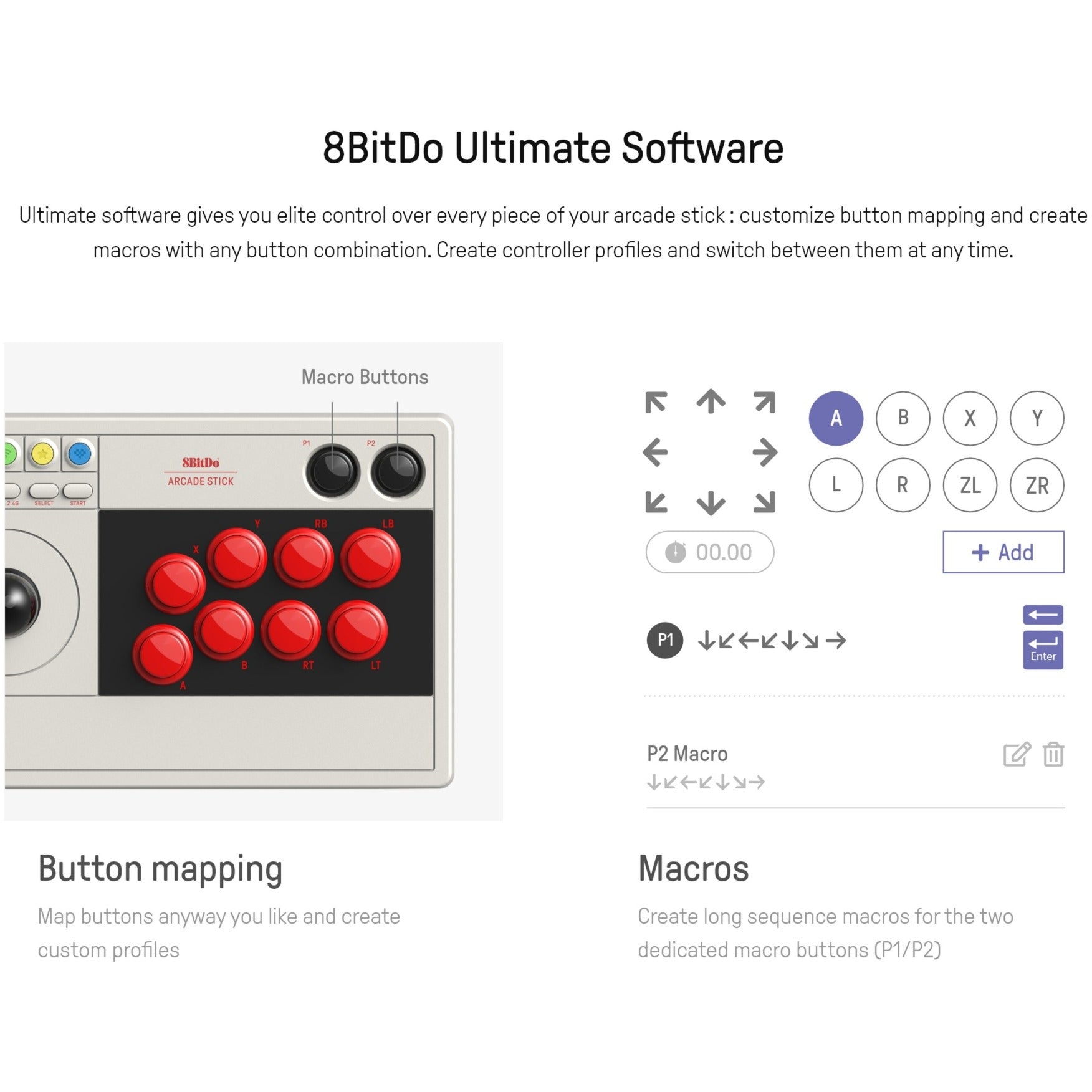 8bitdo arcade stick joystick (grijs, switch 1, switch 2, pc, bluetooth 2.4g usb-c)