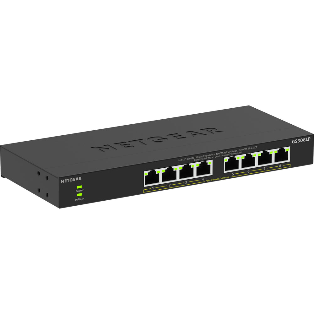 Netgear 8-poorts gigabit ethernet unmanaged poe+ essentials switch (gs308lp) (zwart, 60 watt poe)