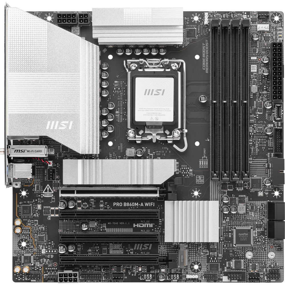 Msi pro b860m-a wifi socket 1851 moederbord (zilver, raid, 5gb-lan, wi-fi 7, bt, sound, µatx)