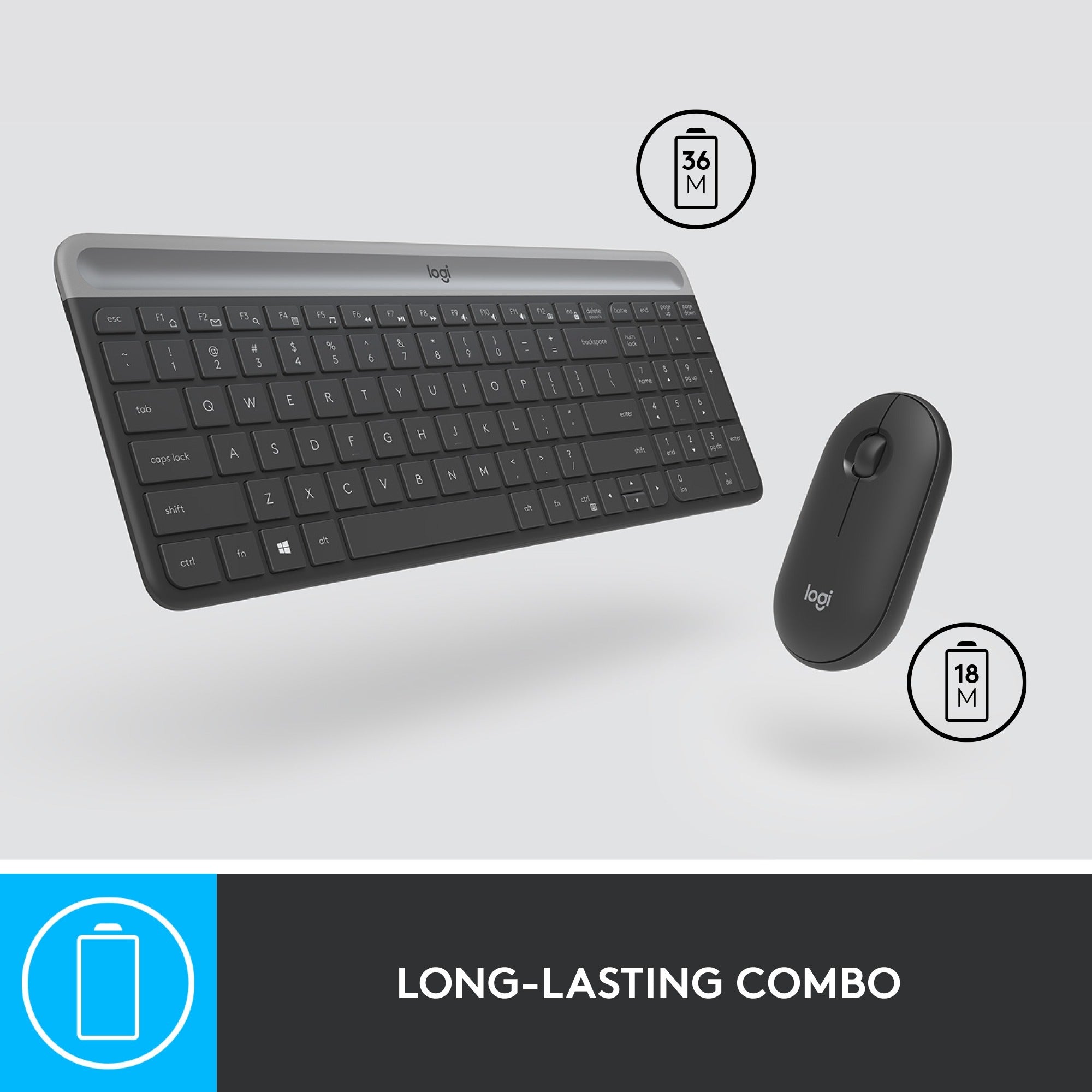 Logitech mk470 slim draadloze desktopset (zwart, us-international lay-out (qwerty), scissor switches, 100%, 1000 dpi)