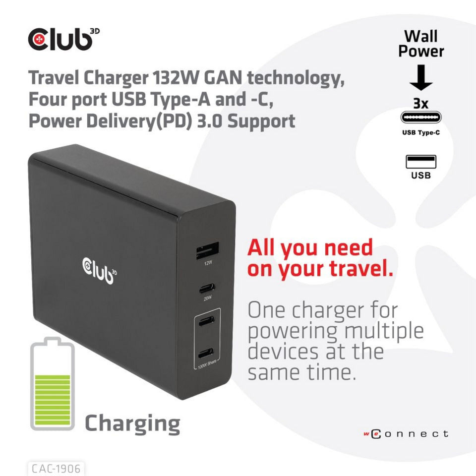 Club 3D Club 3D Reislader 132W GAN-technologie, Vier USB-poorten