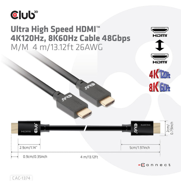 Club 3d gecertificeerde ultra high speed hdmi 2.1 kabel (zwart, 4 meter, 8k)
