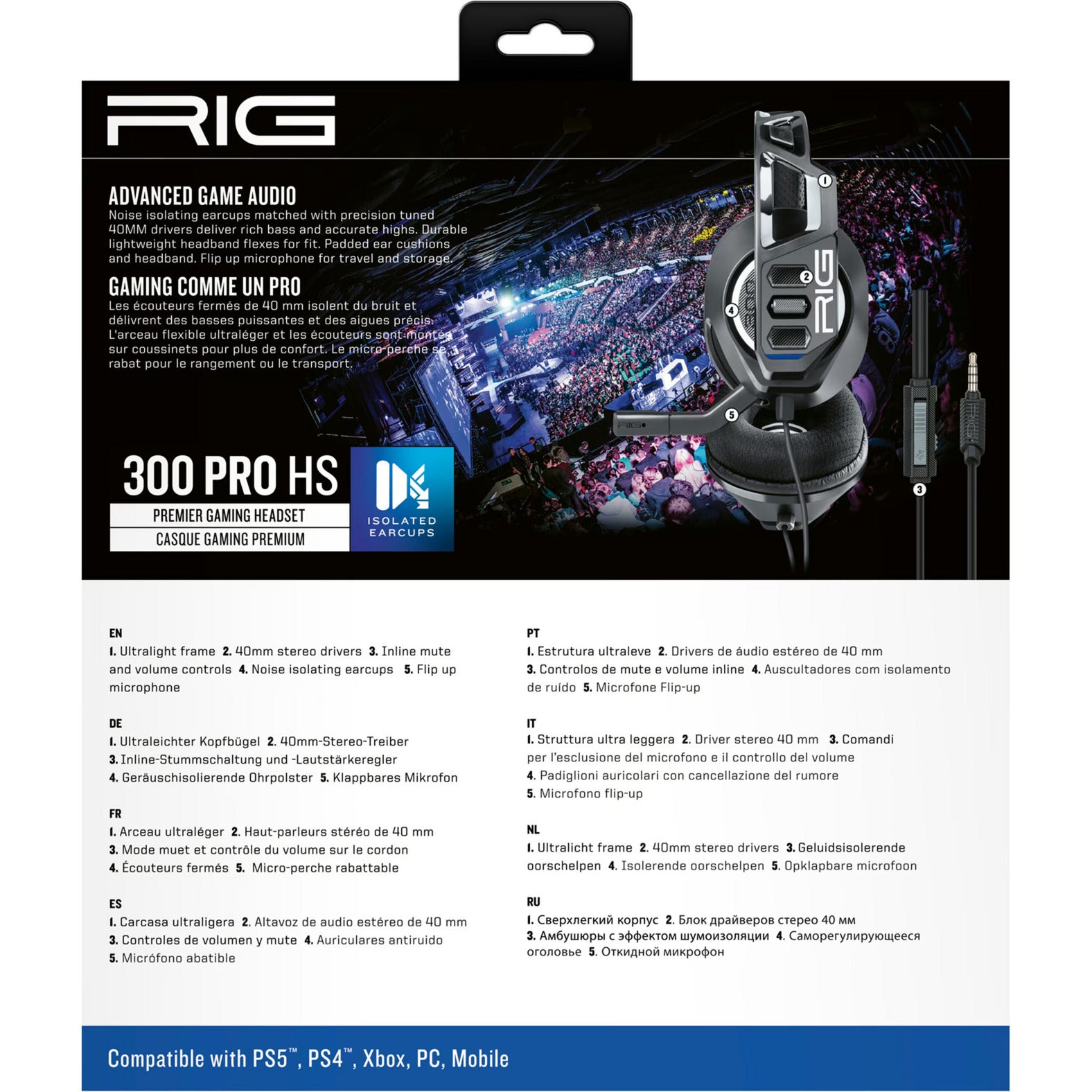 Nacon rig 300 pro hs over-ear gaming headset (zwart, playstation 4, playstation 5, xbox, nintendo switch, pc)
