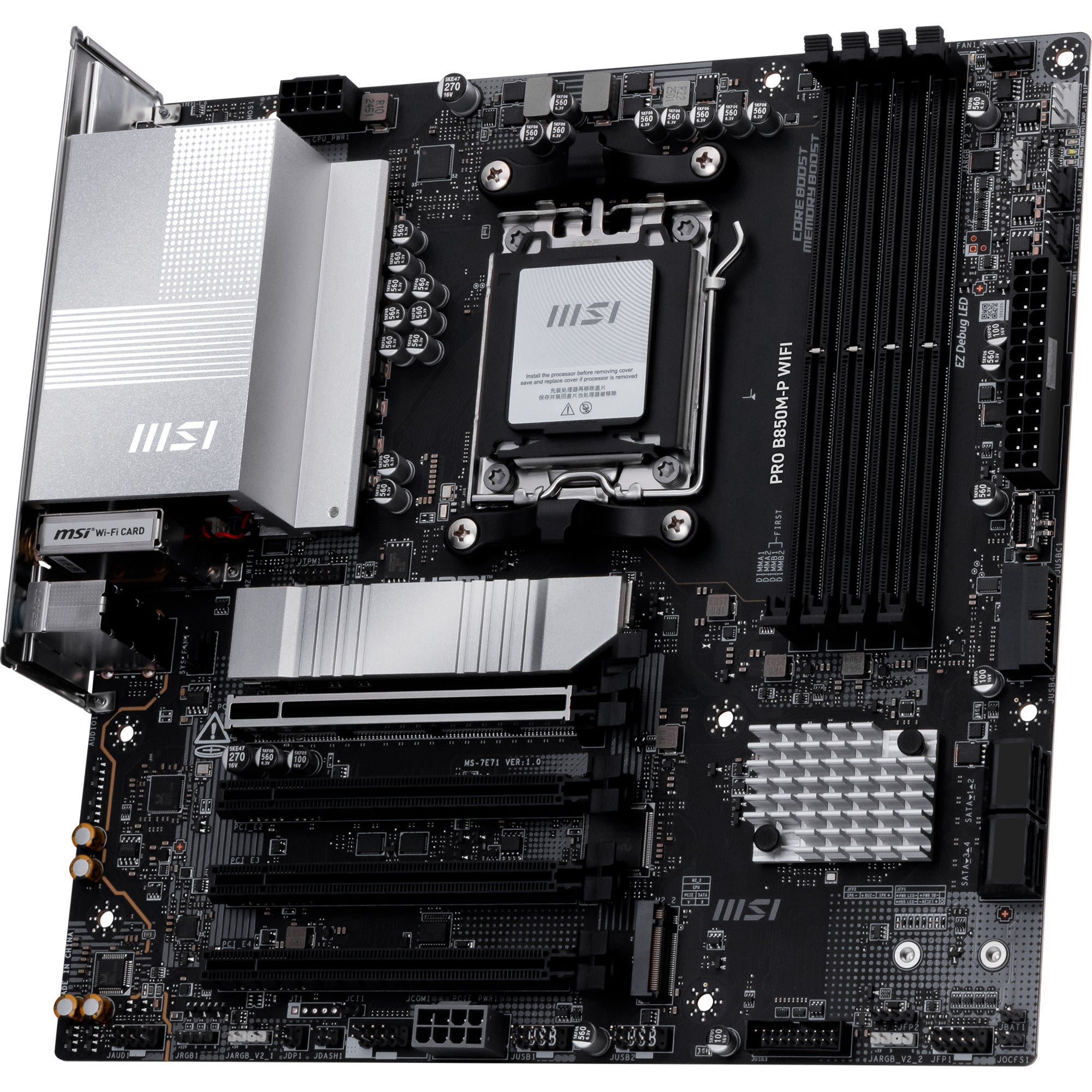 Msi pro b850m-p wifi socket am5 moederbord (zwart zilver, raid, 5gb-lan, wi-fi 7, bt, sound, µatx)