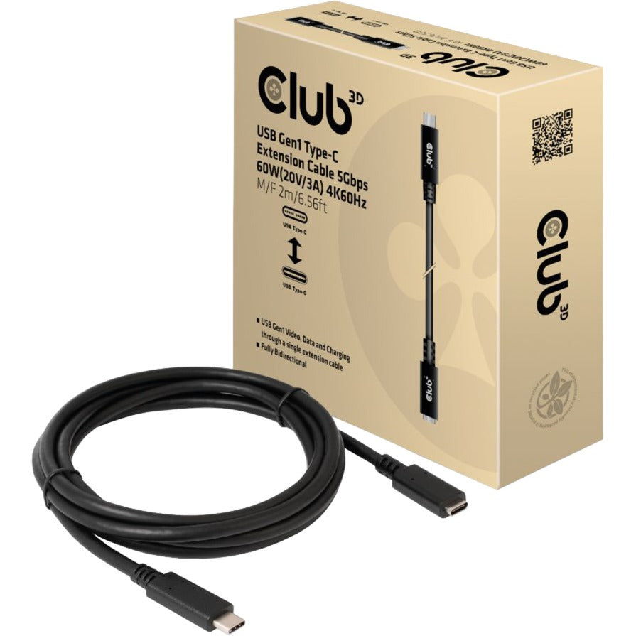 Club 3d usb-c 3.2 gen 1 verlengkabel (zwart, 2 meter, 60 w)