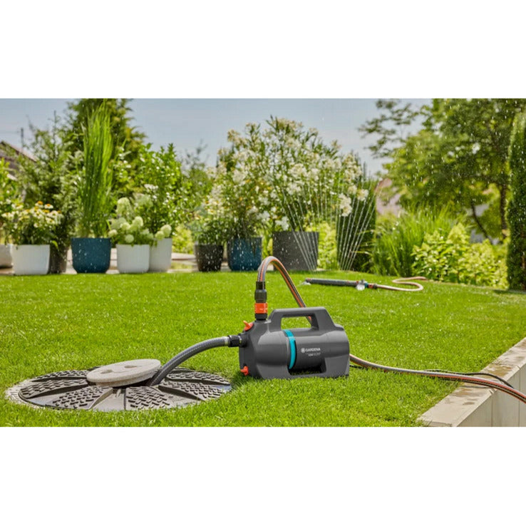Gardena besproeiingspomp 5200 silent set met slang en aanzuigunit (donkergrijs turquoise, 09085-20 | pomp | 20 m slang | 3,5 m aanzuigunit)