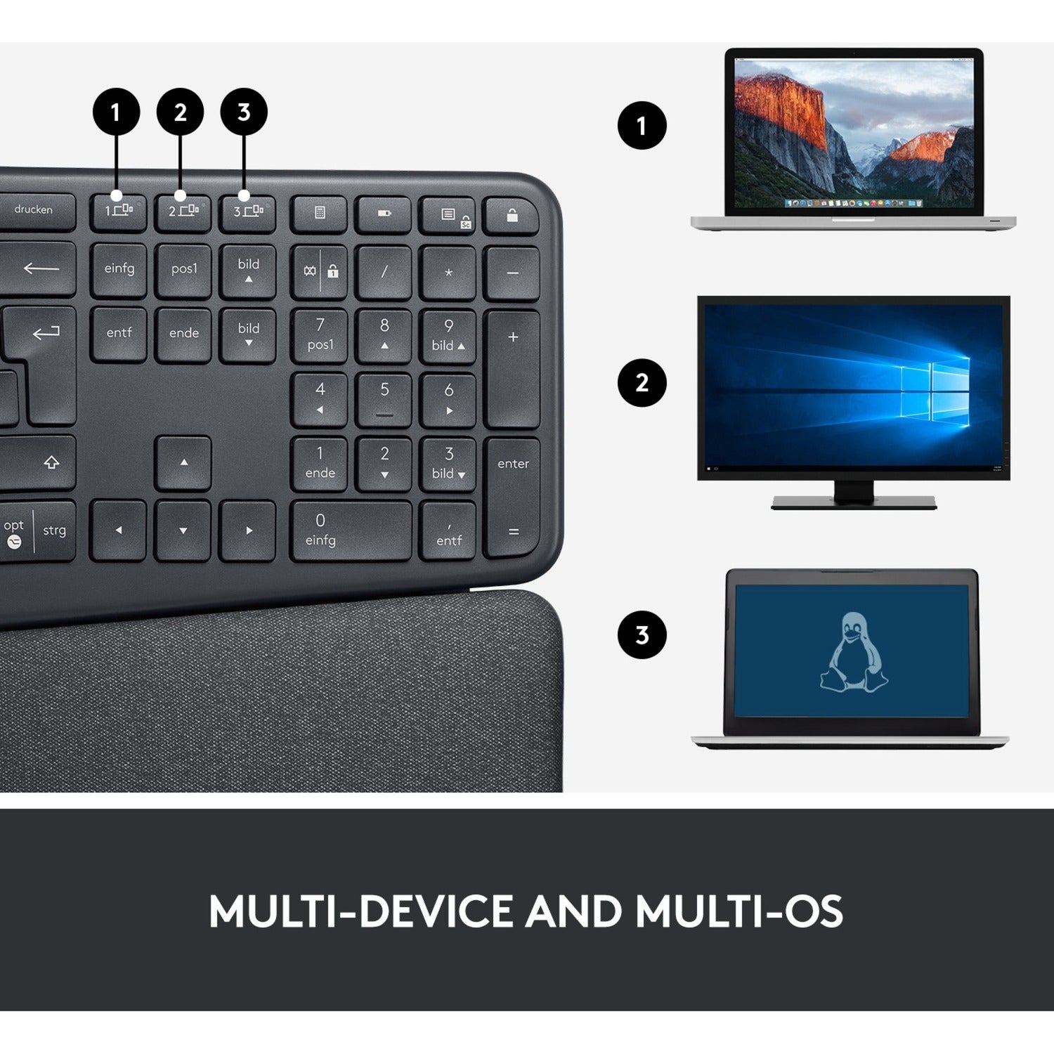 Logitech k860 ergo keyboard (zwart, 100%, bluetooth, us international iso)