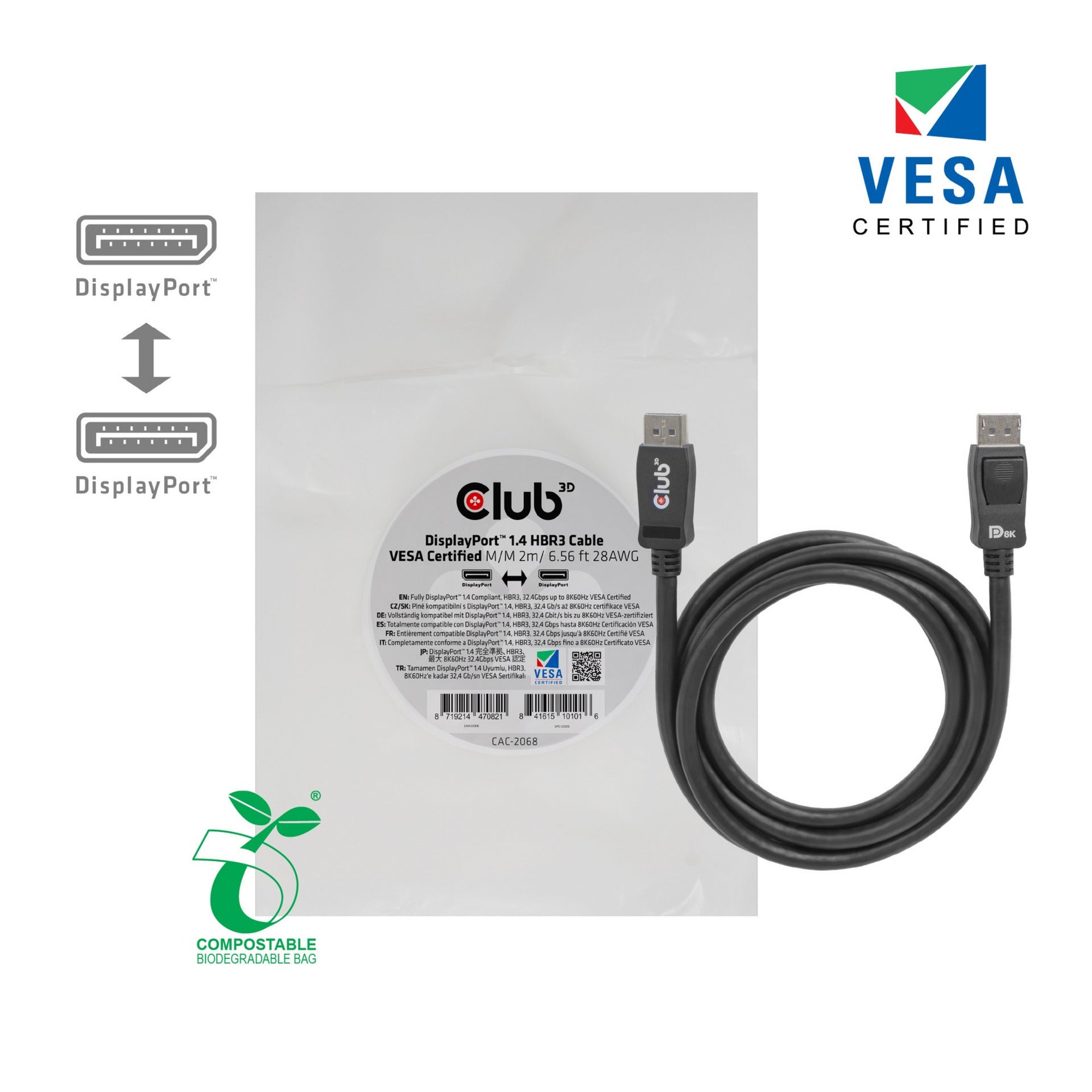 Club 3D DisplayPort 1.4 HBR3 Cable (Black, 2 Meter, 8K)