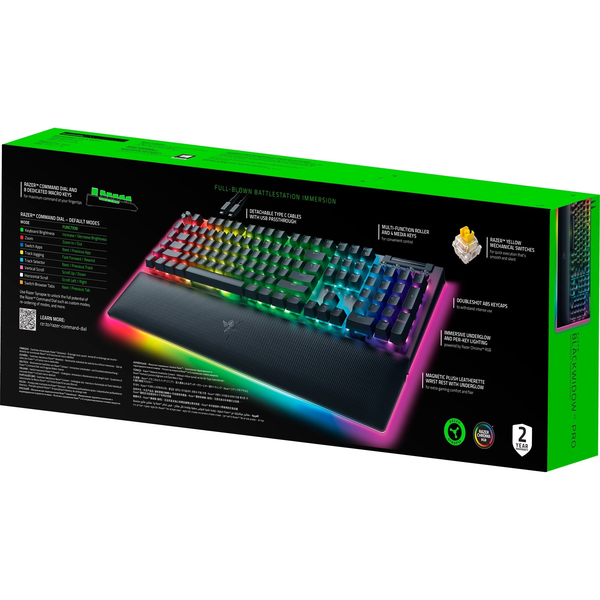 Razer blackwidow v4 pro rgb mechanisch gaming toetsenbord (zwart, us lay-out (qwerty), yellow, 100%)