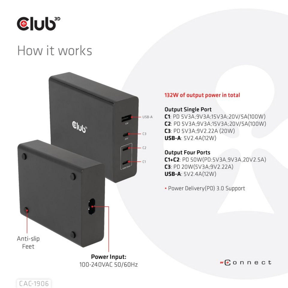 Club 3D Club 3D Reislader 132W GAN-technologie, Vier USB-poorten