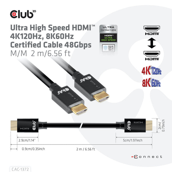 Club 3d gecertificeerde ultra high speed hdmi 2.1 kabel (zwart, 2 meter, 8k)