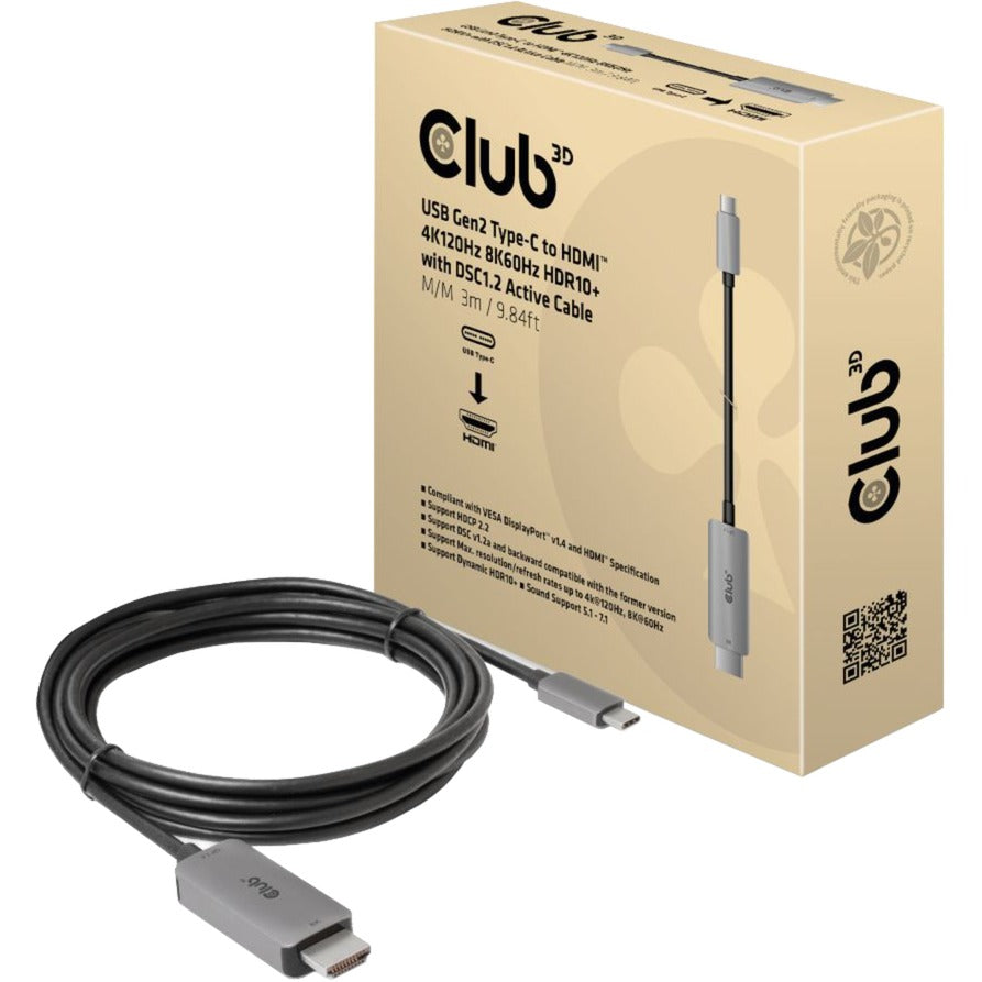 Club 3D USB-C 3.2 Gen 2 to HDMI Active Cable (black, 3 meters, 8K)