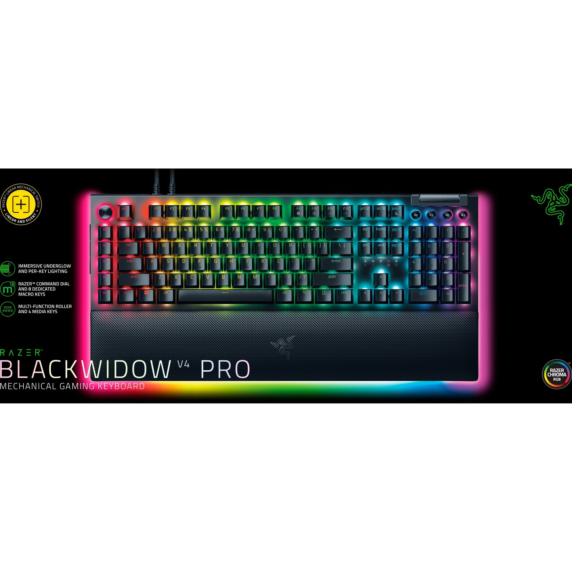 Razer blackwidow v4 pro rgb mechanisch gaming toetsenbord (zwart, us lay-out (qwerty), yellow, 100%)