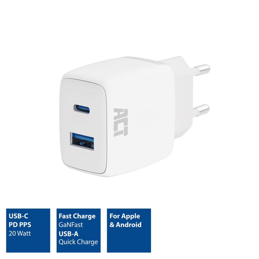 ACT Connectivity USB-C USB-A lader 20W met Levering PPS, Qu