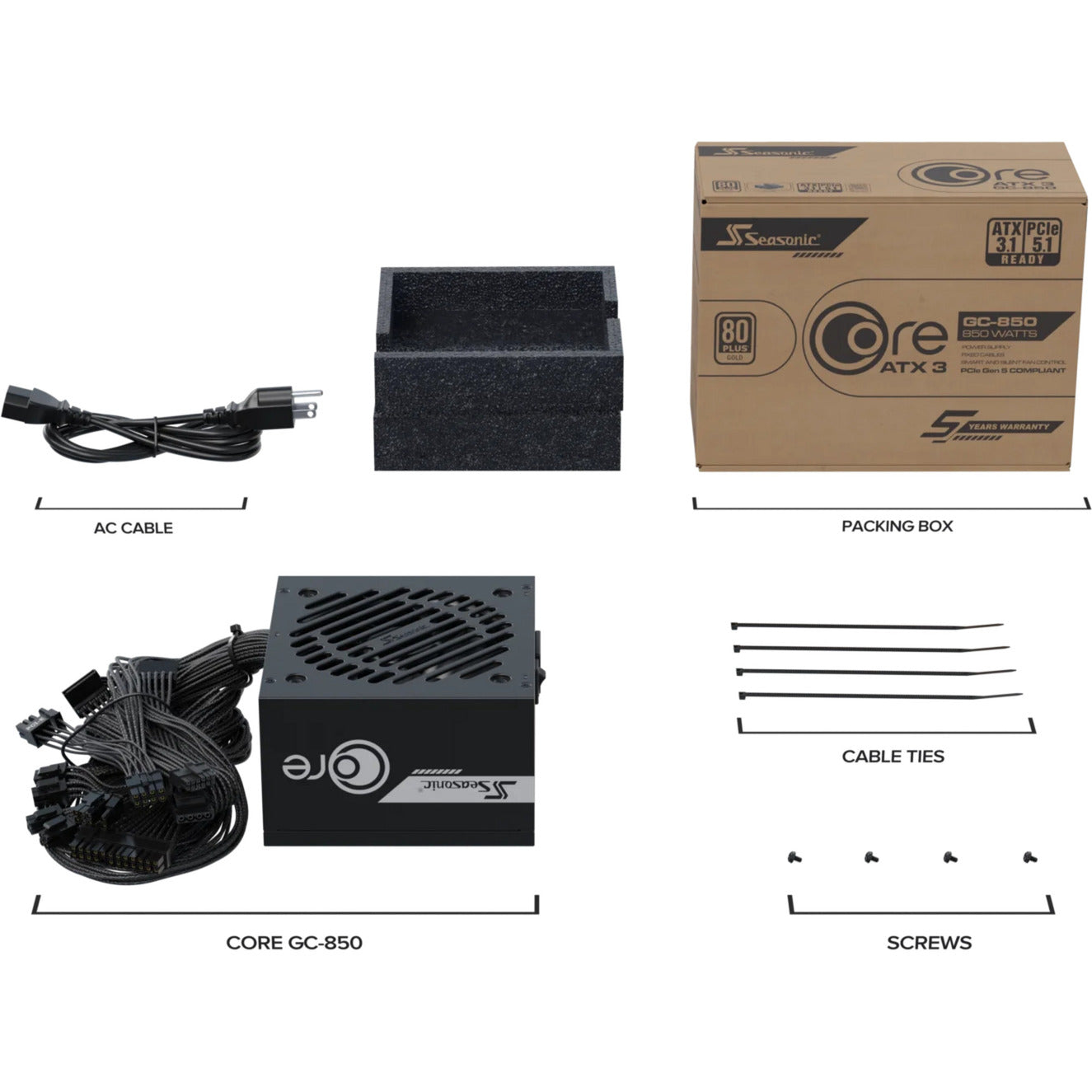 Seasonic core gc-850 atx 3.1 850 watt voeding (zwart, 1x 12v-2x6, 3x pcie)