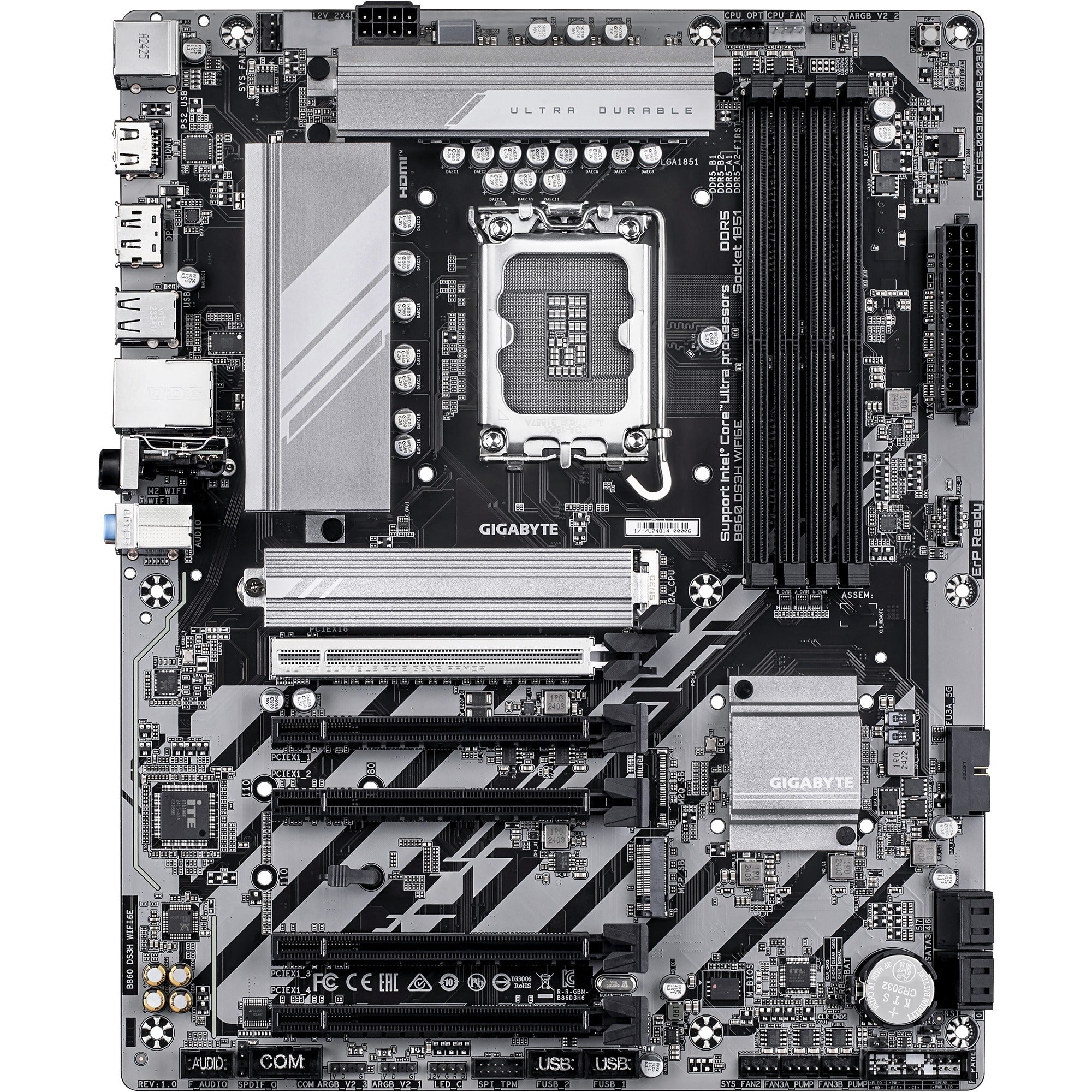 Gigabyte b860 ds3h wifi6e socket 1851 moederbord (zilver zwart, raid, 2.5gb-lan, wi-fi 6e, bt, sound, atx)