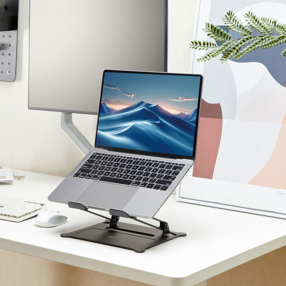 Act connectivity laptopstandaard, aluminium, inklapbaar, traploos in hoogte verstelbaar (zwart)