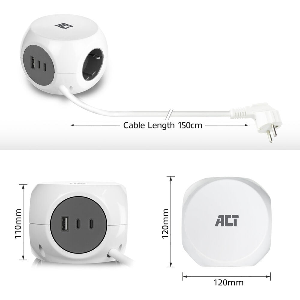 Act connectivity act stekkerdoos kubus met 3 stopcontacten, 30w power delivery usb-c a poorten, kabellengte 1,5m ac2420