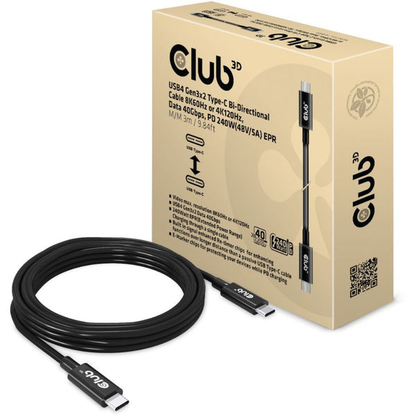 Club 3d usb4 gen 3x2 kabel (zwart, 3 meter, 240 w)