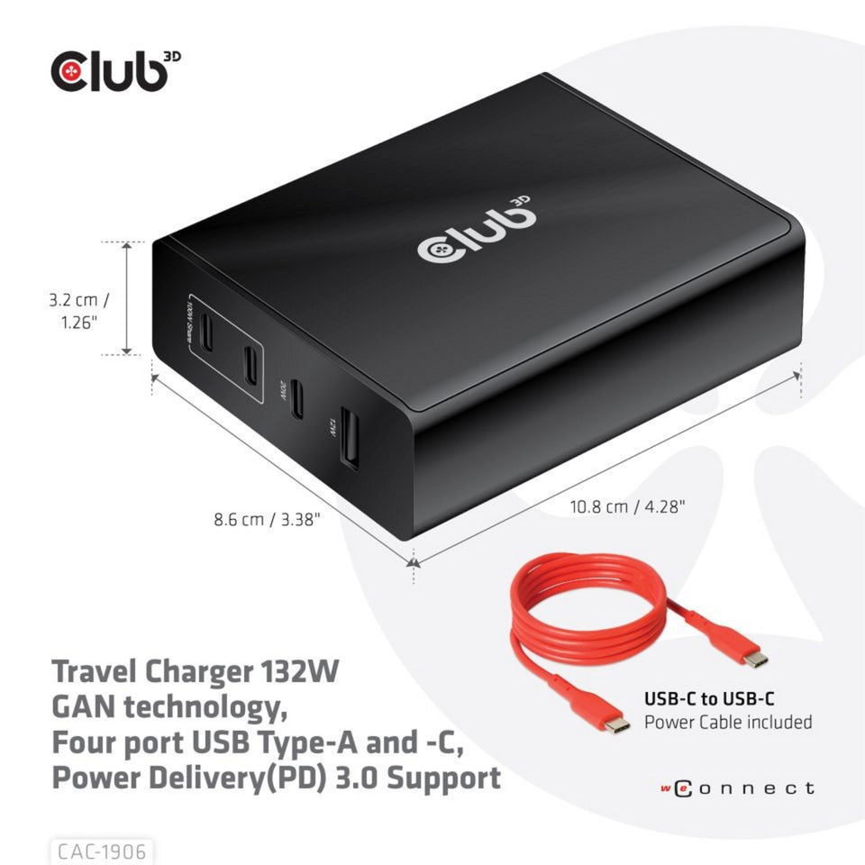Club 3D Club 3D Reislader 132W GAN-technologie, Vier USB-poorten