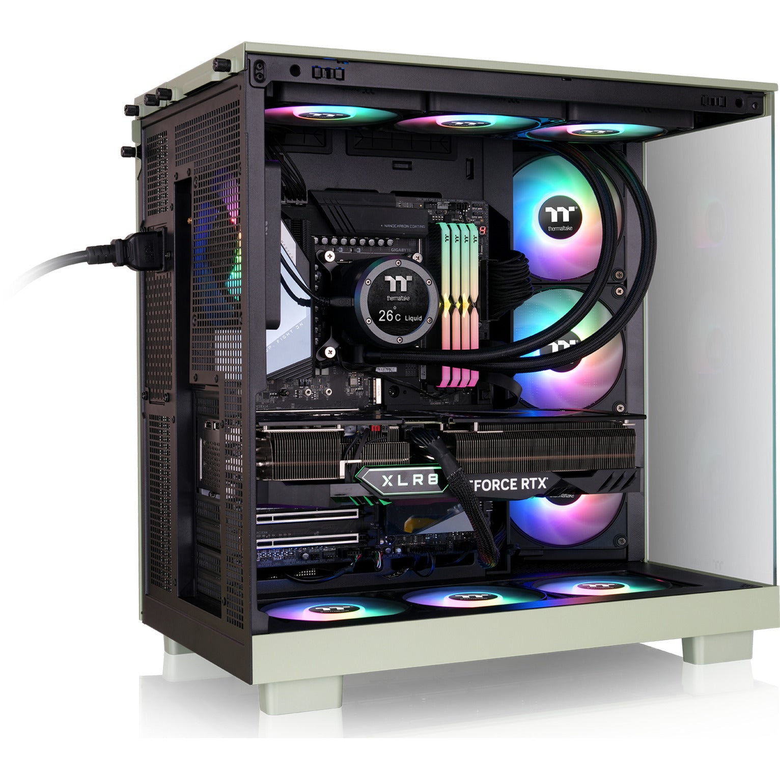 Thermaltake view 380 xl ws argb midi tower behuizing (lichtgroen houtkleur | 2x usb-a | 1x usb-c | rgb | tempered glass)