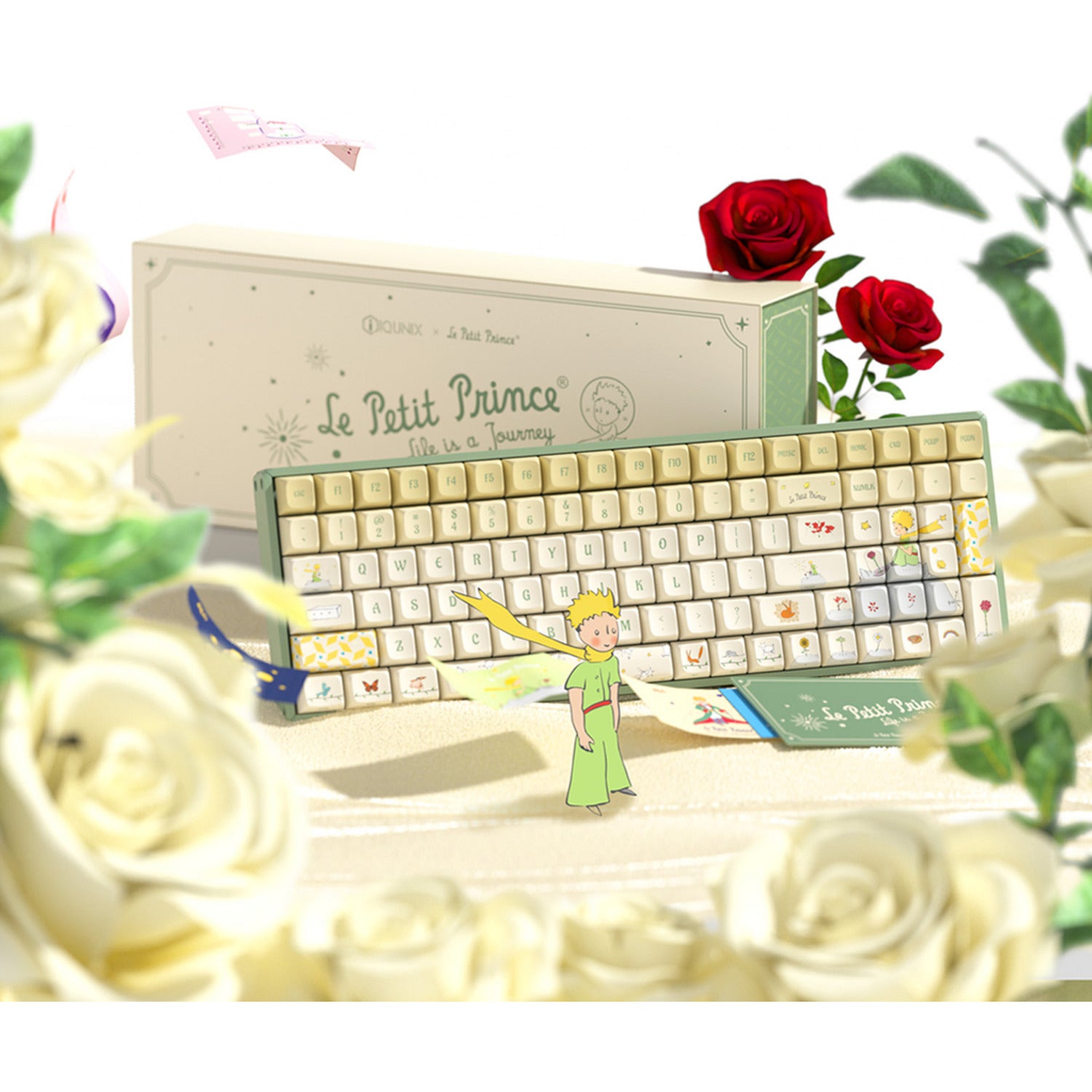 Iqunix f97 floral date, gaming toetsenbord (groen wit, us lay-out, gateron red, rgb leds, 96%, hot-swappable, pbt, 2.4ghz | bluetooth 5.1 | usb-c)