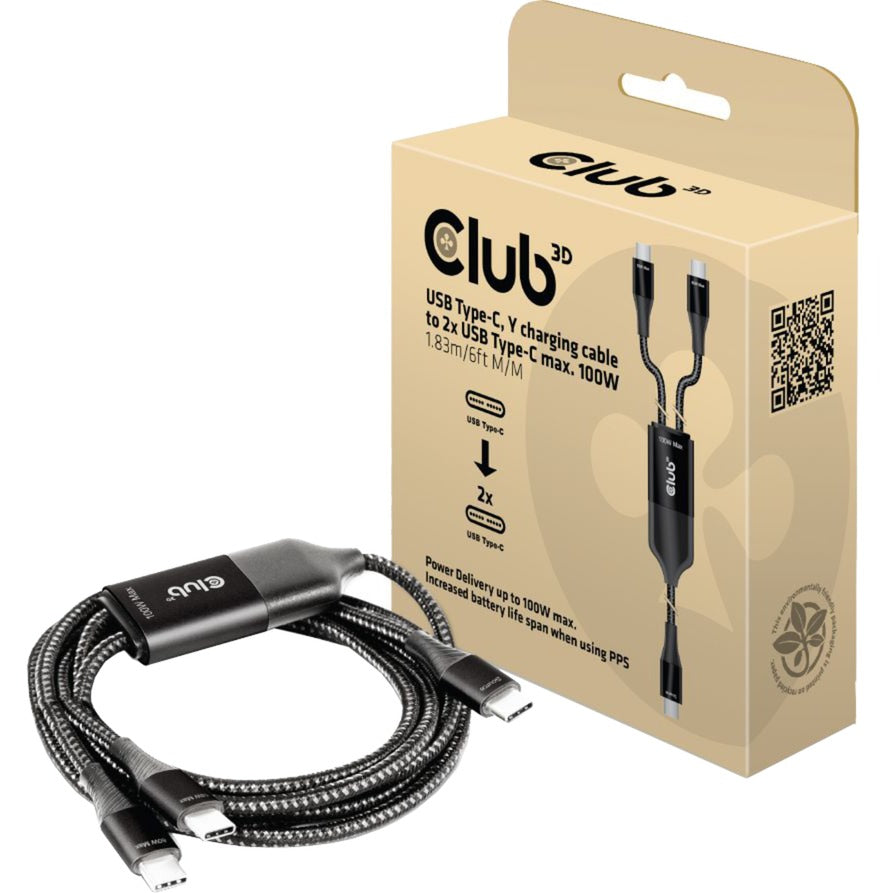 Club 3d usb-c naar 2x usb-c splitterkabel (zwart, 1,83 meter, 100 w)