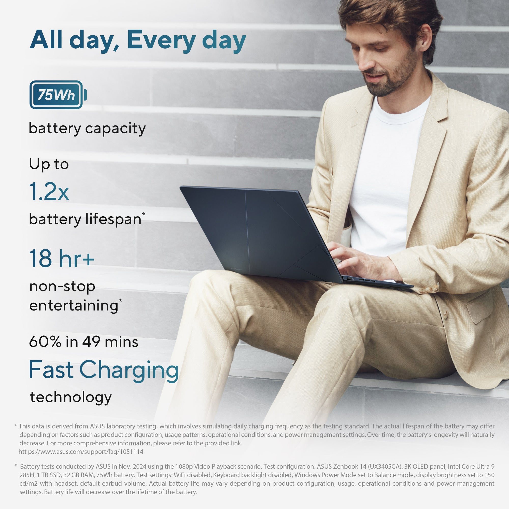 Asus zenbook 14 oled ux3405ca-qd012w 14 laptop (blauw | core ultra 7 255h | arc 140t | 32 gb | 1 tb ssd)
